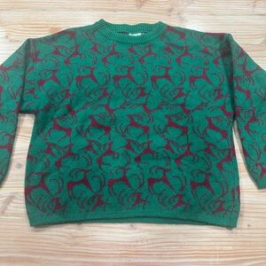 Holiday Thick Sweater MENS sz Medium Green Red Deer Reindeer pattern Wool Blend